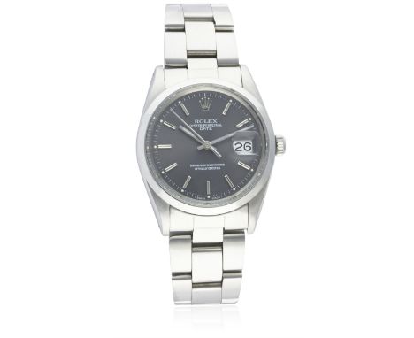 A GENTLEMAN'S STAINLESS STEEL ROLEX OYSTER PERPETUAL DATE BRACELET WATCH CIRCA 1987, REF. 15000 WITH BOX &amp; PAPERS D: Grey