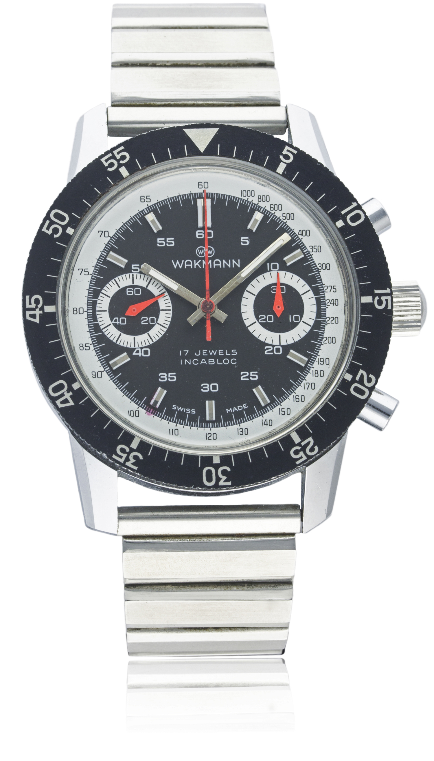 A RARE GENTLEMAN’S WAKMANN "BIG BOY" CHRONOGRAPH BRACELET WATCH CIRCA
