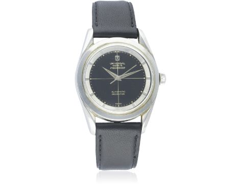 A GENTLEMAN'S STAINLESS STEEL UNIVERSAL GENEVE POLEROUTER WRIST WATCH CIRCA 1959
D: Gloss black crosshair dial with gilt font