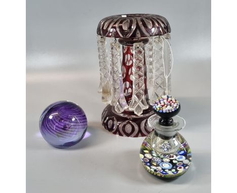 Victorian ruby flash cut glass vase lustre, together with a Caithness 'Vortice' paperweight and another glass probably Caithn