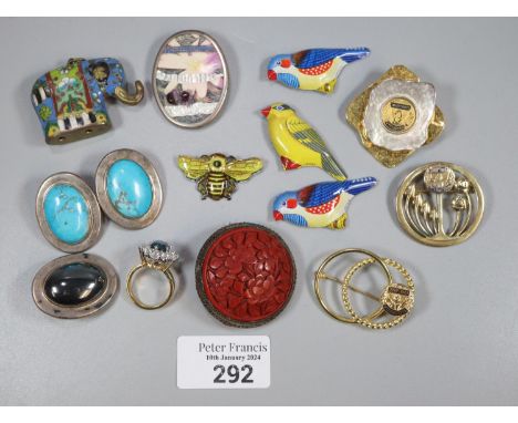 Collection of assorted pin brooches and badges, costume jewellery etc. including a champlevé enamel elephant pendant.  (B.P. 