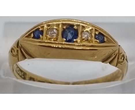 18ct gold diamond and sapphire five stone ring.  2.1g approx.  Size O.   (B.P. 21% + VAT) 