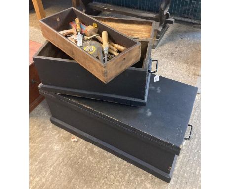 Large painted pine artisans box together with a smaller painted pine box containing an assortment of carpenter's tool, variou