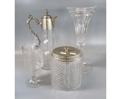 Collection of glass to include: claret jug with silver mount and handle, hobnail cut biscuit barrel with silver plated lid, e