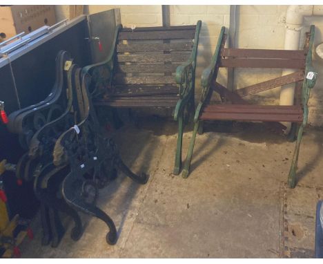Two pairs of cast metal bench ends together with two cast metal garden seats requiring new slats.  (6)  (B.P. 21% + VAT) 