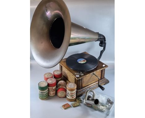 Vintage wind up gramophone with brass horn and accessories also including Edison phonograph cylinders. (B.P. 21% + VAT) 