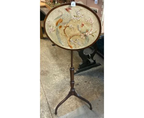 Victorian mahogany tripod pole/makeup screen the tapestry panel decorated with exotic birds amongst foliage.  (B.P. 21% + VAT