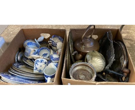 Box of assorted blue and white china, various including: Spode, Staffordshire, 18th century tea caddy, Chines porcelain bowls