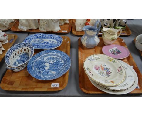 Two trays of china to include: blue and white chestnut dish with pierced edge, small Spode meat dish, blue and white plate, S