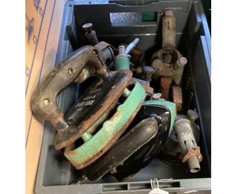 Two boxes of assorted hand tools: blow lamps, irons, salmon catcher, fence puller, heins etc.&nbsp; (2)&nbsp; &nbsp;(B.P. 21%