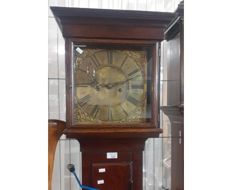 18th century brass faced cottage long cased clock marked 'J Bayley, Uttoxeter', the case with flat hood above square aperture