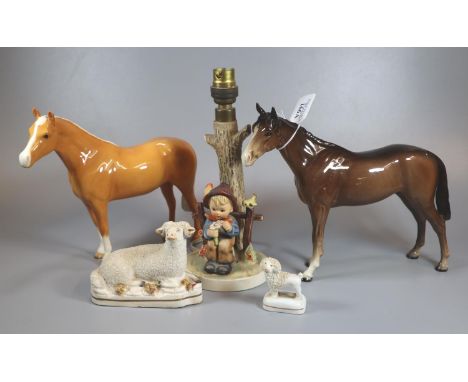 Collection of china to include: two Beswick horses; one Palomino and one Bay, two Staffordshire pottery sheep figures; one mi