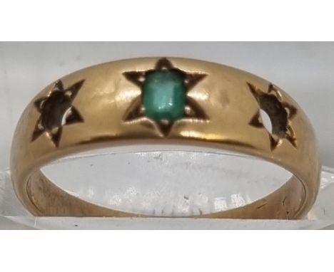 Victorian design yellow metal and Emerald ring (missing two stones).  3g approx.  Size L.   (B.P. 21% + VAT) 