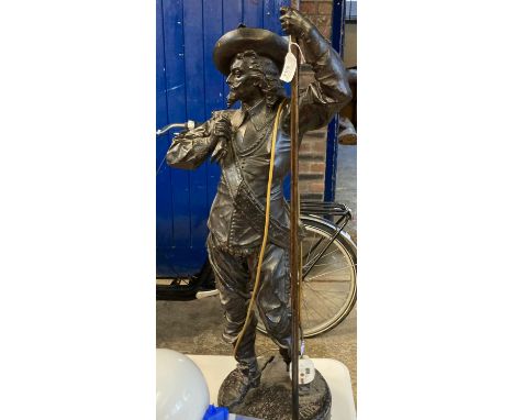 Large spelter Cavalier standard lamp with globular opaline glass shade. 142cm high approx. Signed to the base. (B.P. 21% + VA