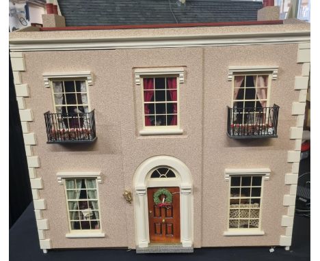 Good quality and well made collector's doll's house in the form of a Georgian residence with parapet roof and sash windows, f