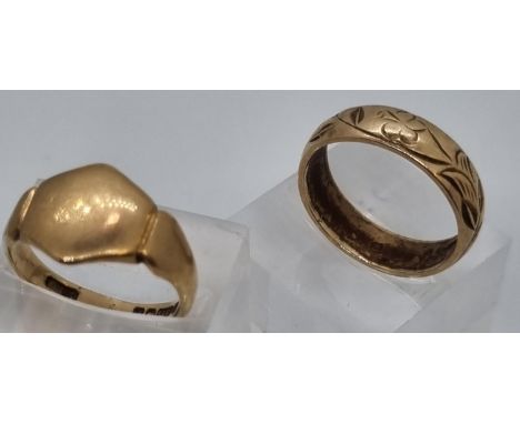 9ct gold signet ring.  4g approx.  Size O1/2, together with 9ct gold band decorated with foliage and shamrocks.  5.1g approx.