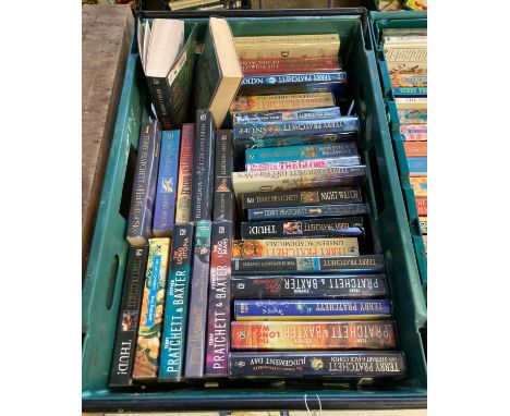 Two crates of Pratchett, Terry: Discworld series 1990's paperback books published by Corgi, together with other Terry Pratche