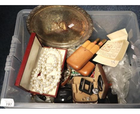 Tub of assorted items to include: silver plated tray, various modern costume jewellery, leather cigar case with Habana cigars