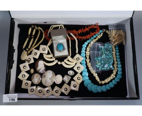 Box comprising assorted jewellery to include: turquoise ring and turquoise necklace, coral necklace, Victorian cameo shells, 