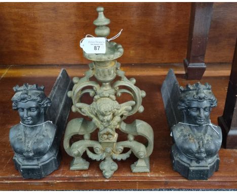 Pair of French Napoleon III firedogs marked 'FEU', together with a brass andiron depicting cherub mask. (3) (B.P. 21% + VAT) 