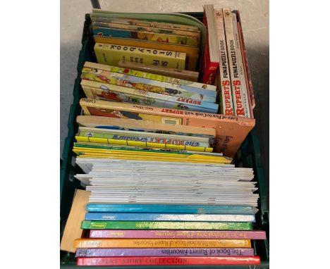 Four crates of assorted books to include: various Rupert Bear annuals and books; Rupert Colour Adventure book, storytime book