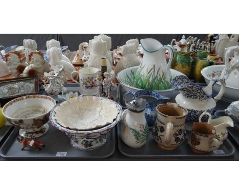 Four trays of china to include: Nicholas Mosse Irish pottery spongeware jugs, various other ewers and jugs, Victorian reed de