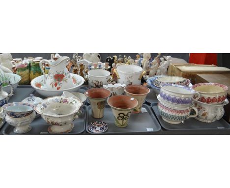 Six trays of china to include: spongeware (possibly Llanelly pottery) chamber pots and bowls, Victorian poppy design jug and 