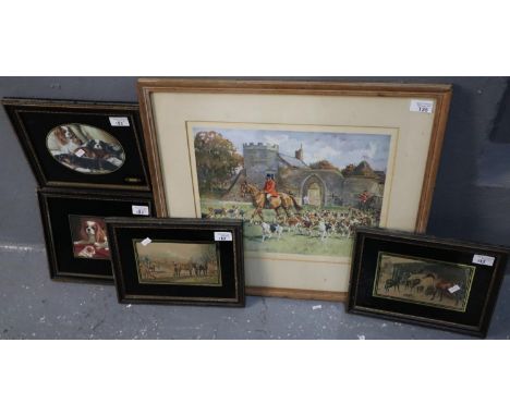 After Peter Biegel, foxhunting scene, coloured print signed in pencil.  32x39cm approx.  Together with four coloured dog and 