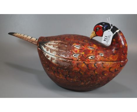 Mancer Italian ceramic pheasant design soup tureen with ladle and lid, hand painted with glass eyes. (B.P. 21% + VAT)  Chip t