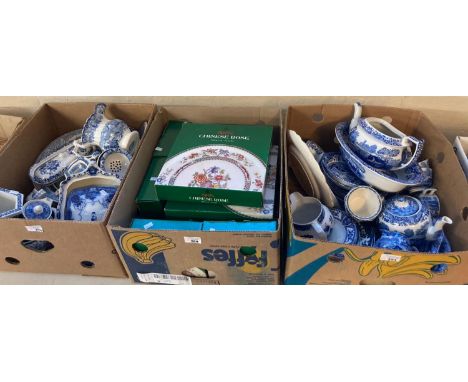 Three boxes of assorted Spode and other blue and white china to include: Chinese rose porcelain plates in original boxes and 