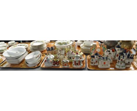 Two trays Staffordshire pottery and similar items to include: building ornaments, money boxes, spill vases, figure groups etc