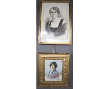 Ernest H Mills (British early 20th century), portrait of a lady, pencil sketch.  53x35cm approx., together with Umberto Lini 