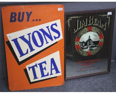 Vintage enamel sign 'Buy Lyon's Tea'.  75x50cm approx.  Together with a framed advertising mirror 'Jim Beam Sour Mash'.  61x4