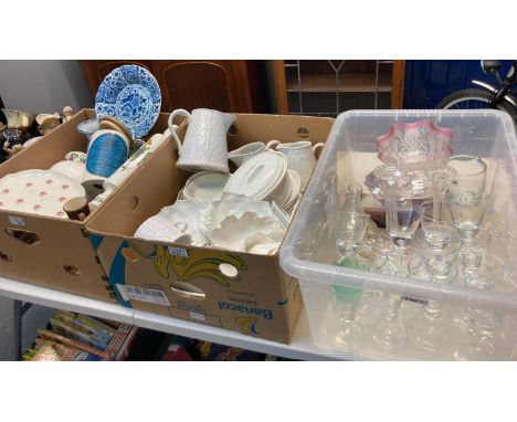 Two boxes of assorted china to include: Portmeirion items, blue and white Delft dish, white porcelain jugs and other similar 
