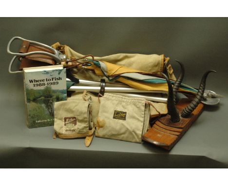 Canvas and leather trimmed fishing bag, James B. Walker, Newcastle on Tyne, rod bag, Milbro rod bag, 3 springbok antlers moun