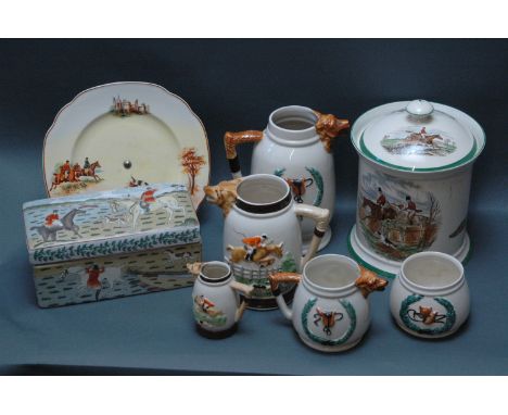 Collection of fox hunting ceramics, including Spode "The Hunt - First Over" biscuit barrel, height 21 cm, and an Oriental cas