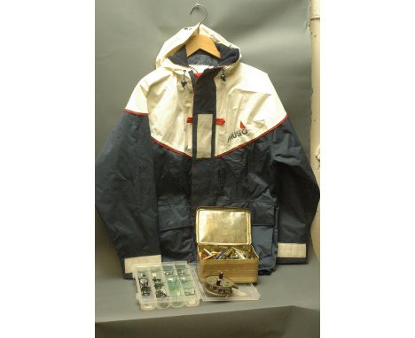 Musto jacket, M, Strike Right centre pin reel, box of vintage Devon minnows and box of rod eyes, etc. 