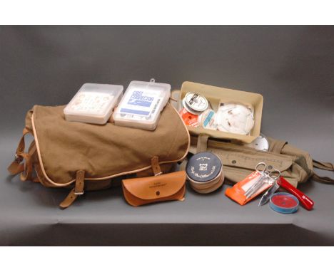 2 vintage fishing bags, Hardy leatherette reel pouch, spools of leader, pocket knife, forceps, etc. 