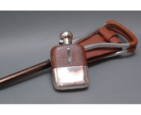 James Dixon & Sons silver plated, leather and glass hip flask, 15 cm, and Game Bird adjustable shooting stick. 