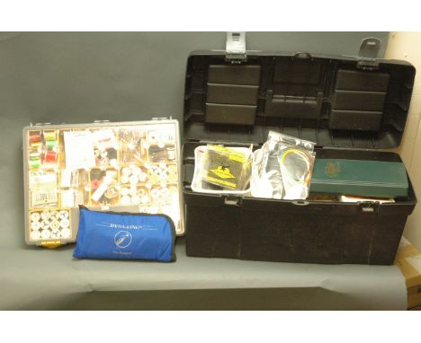 Comprehensive fly tying kit, including Dyna-King "The Voyager" fly vice, feathers, threads, tools, etc. 