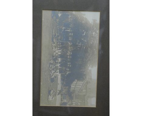 Mid to late 19th century otter hunting photograph, gentlemen, otter hounds and stately home (possibly Higham Hall) with car p