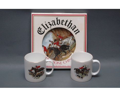 Elizabethan fine bone china hunting plate and pair of Nanrich Pottery mugs. 