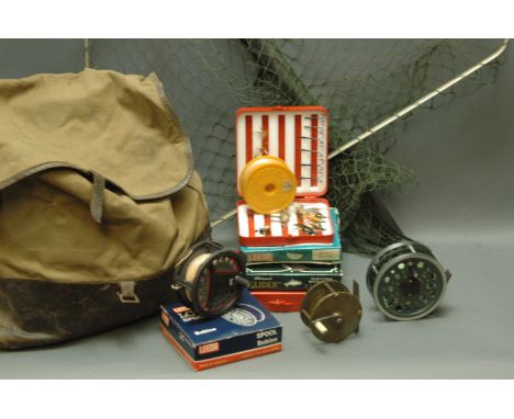 Vintage fishing bag, LC Leeder 80 trout fly reel, 3.75 ins, with spare spool, Shakespeare Beaulite trout fly reel, 3.5 ins, b
