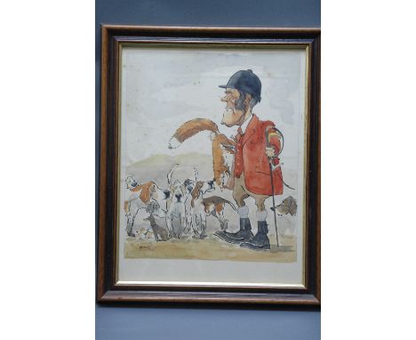 John William Wilkinson (Wilk 1906-1994), watercolour cartoon, Johnny Richardson of The Blencathra Foxhounds with fox and houn