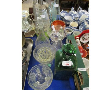 GREEN GLASS VASE, TILLEY LAMP, DECANTERS, BOWLS ETC