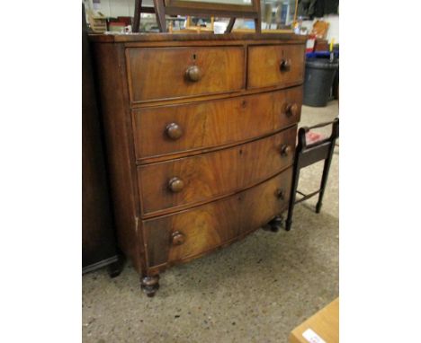 VICTORIAN MAHOGANY BOW FRONTED TWO OVER THREE FULL WIDTH DRAWER CHEST WITH TURNED KNOB HANDLES RAISED ON TURNED LEGS