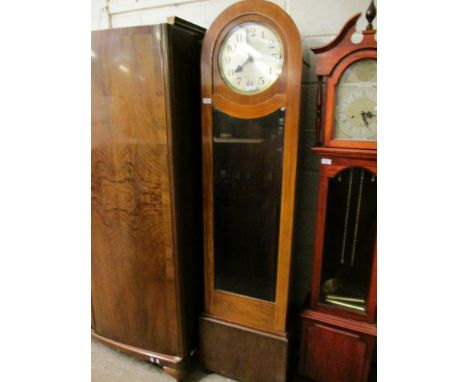 GOOD QUALITY TEAK LONGCASE CLOCK WITH GLAZED DOOR WITH CIRCULAR SILVERED DIAL