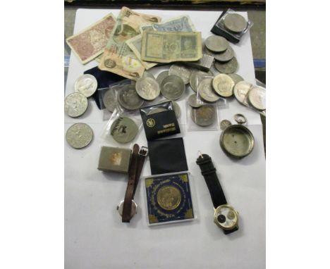 TWO BOXES OF MIXED VINTAGE COINAGE, BANK NOTES, SILVER POCKET WATCH CASE ETC