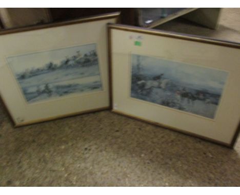 AFTER GILBERT HOLLIDAY, LIMITED EDITION, (165/500) COLOURED PRINT, HUNTING SCENE, 25 X 43CM, TOGETHER WITH A FURTHER LIMITED 