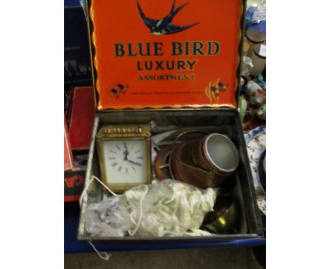 TIN CONTAINING MIXED PLASTIC FARM ANIMALS, BRASS AND COPPER STORAGE CONTAINER, LIGHT ETC